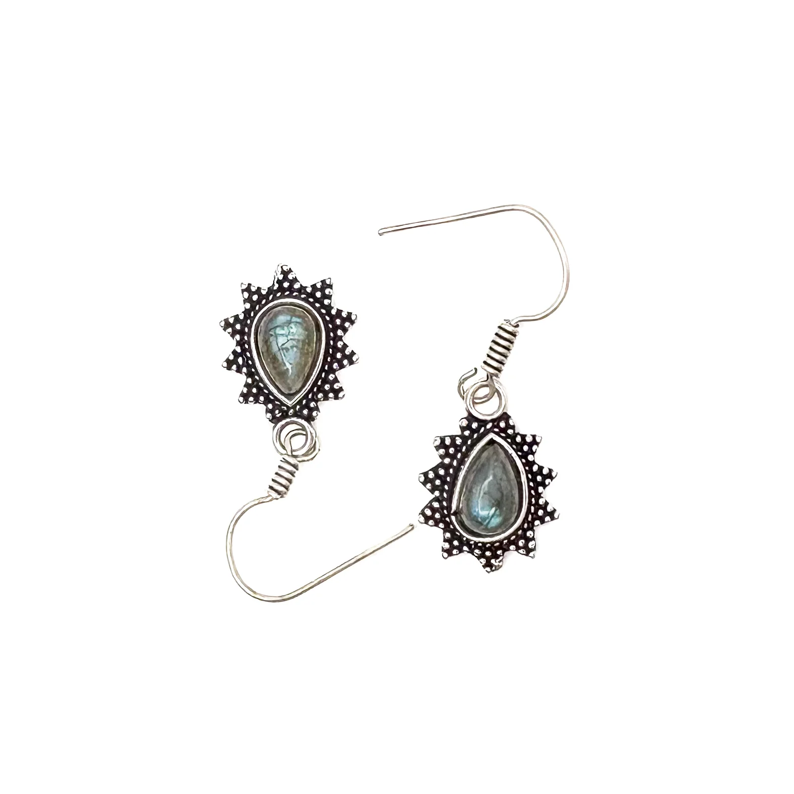 Labradorite Teardrop Dotted Rays White Brass Earrings - Image 2