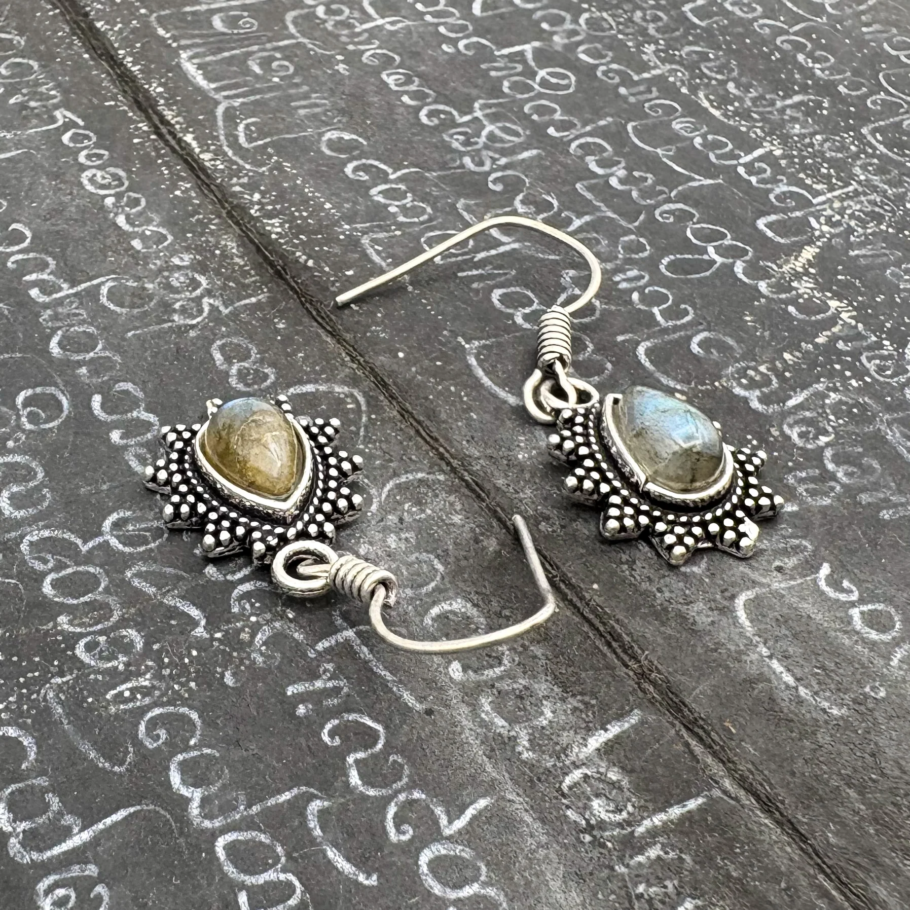Labradorite Teardrop Dotted Rays White Brass Earrings - Image 3