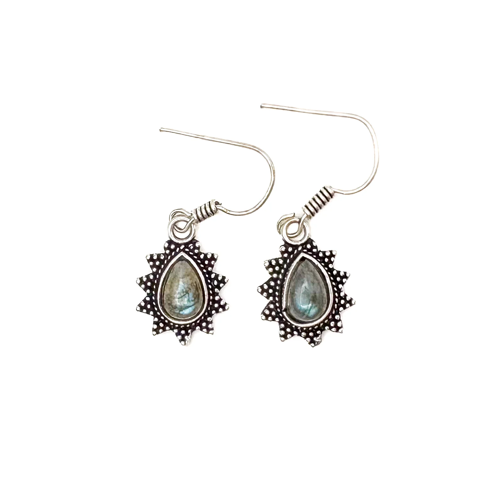 Labradorite Teardrop Dotted Rays White Brass Earrings - Image 4