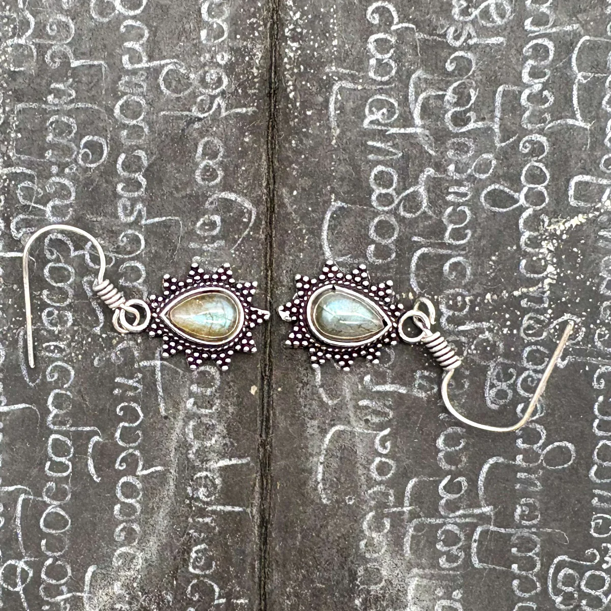 Labradorite Teardrop Dotted Rays White Brass Earrings - Image 5