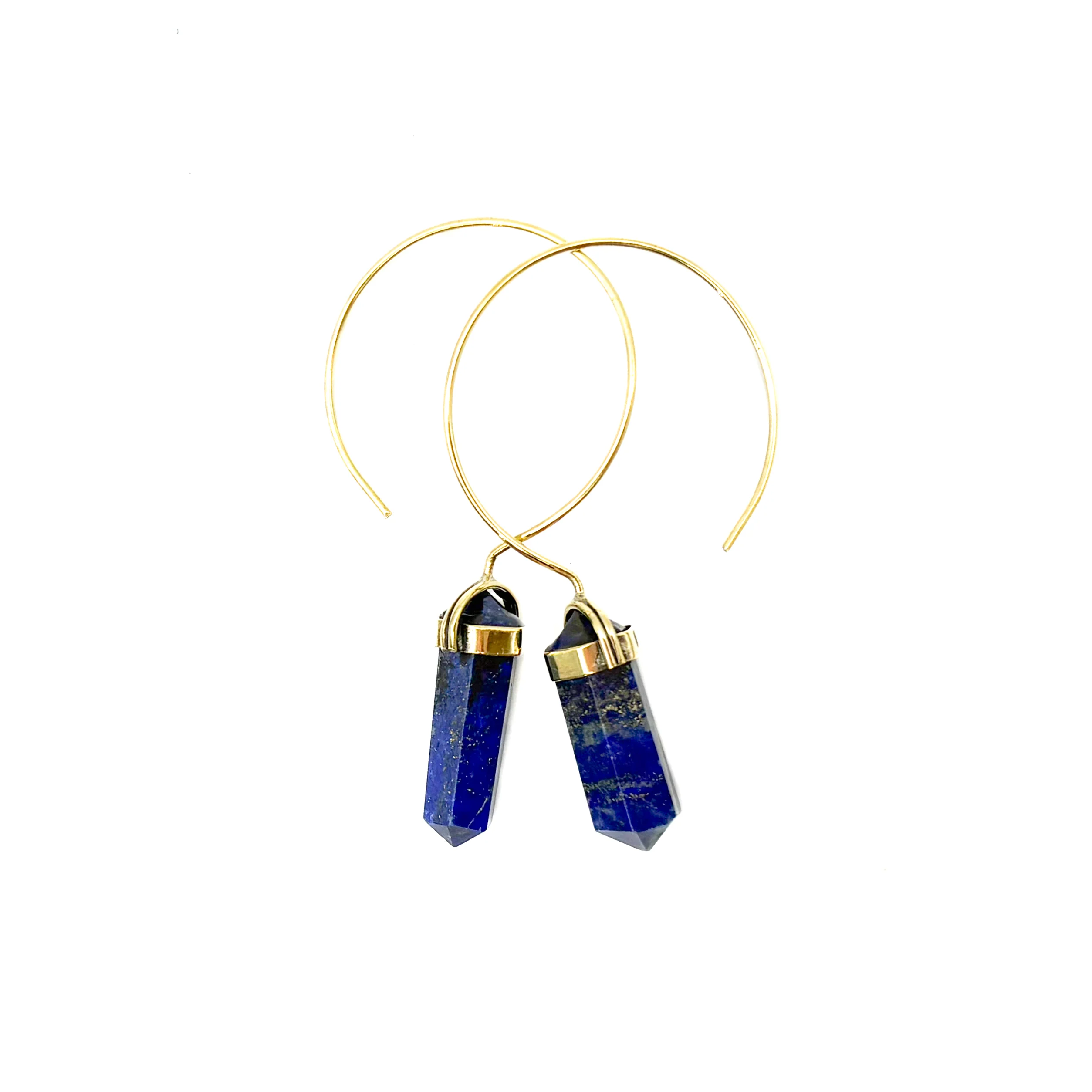 Lapis Lazuli Crystal Point Brass Hoop Earrings - Image 2