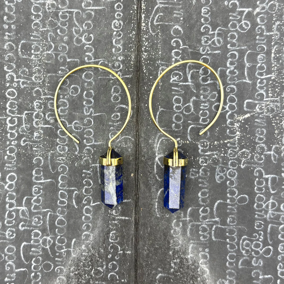 Lapis Lazuli Crystal Point Brass Hoop Earrings - Image 3