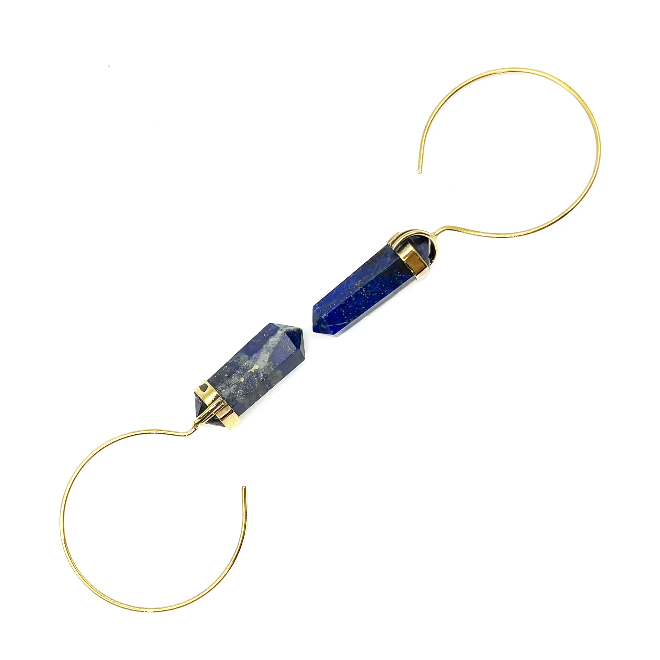 Lapis Lazuli Crystal Point Brass Hoop Earrings - Image 4