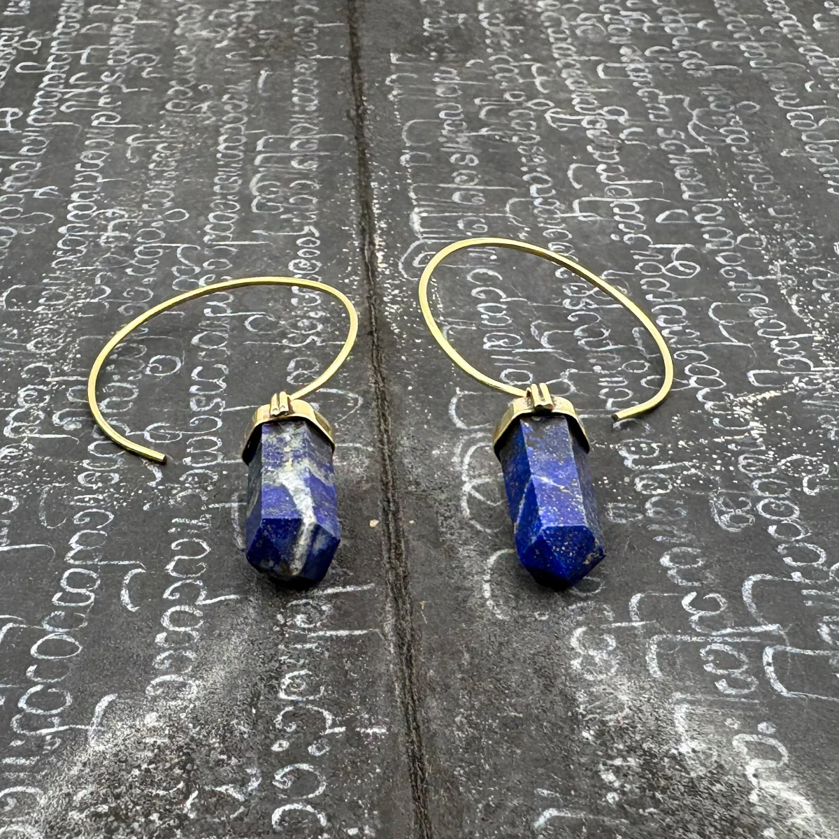 Lapis Lazuli Crystal Point Brass Hoop Earrings - Image 5