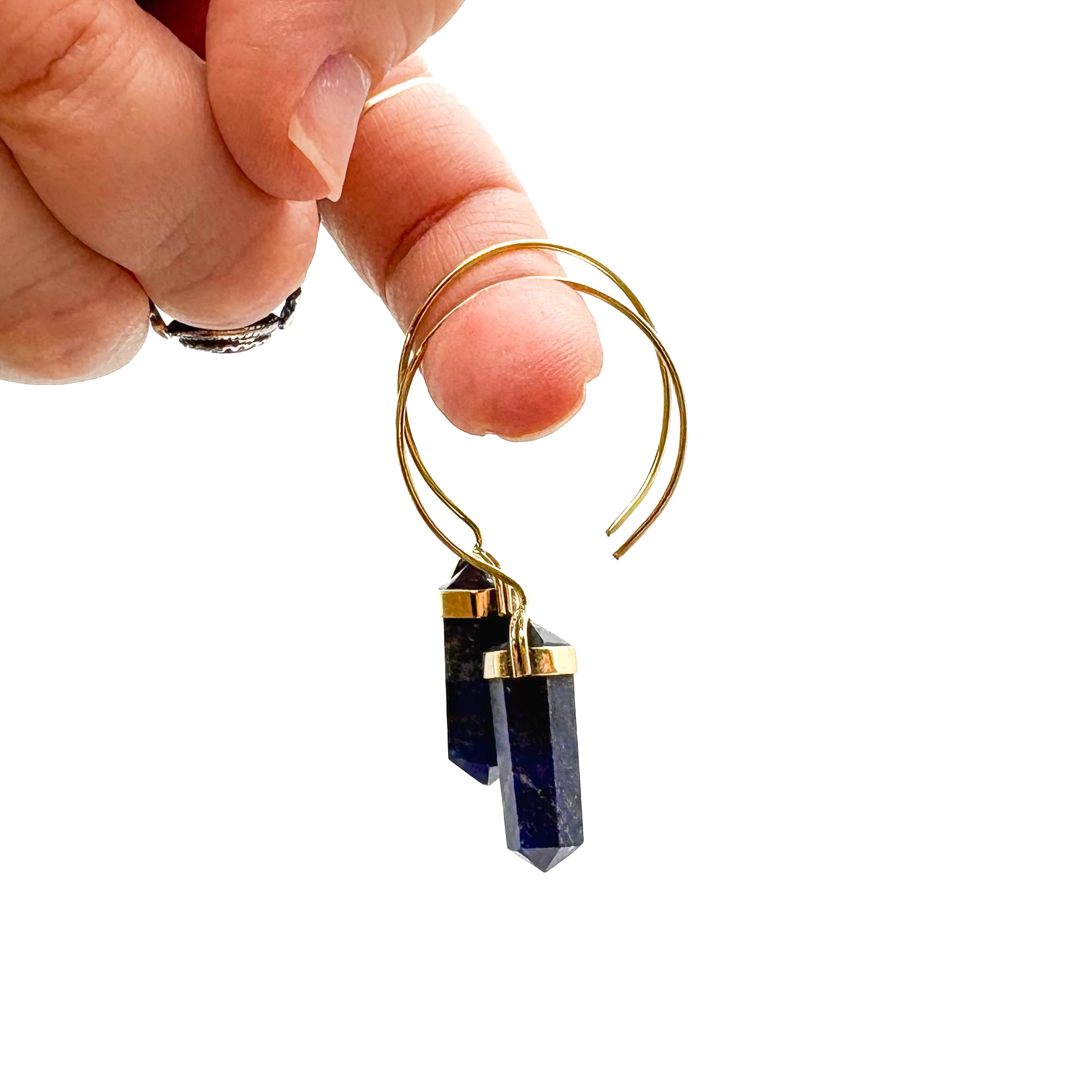 Lapis Lazuli Crystal Point Brass Hoop Earrings - Image 8