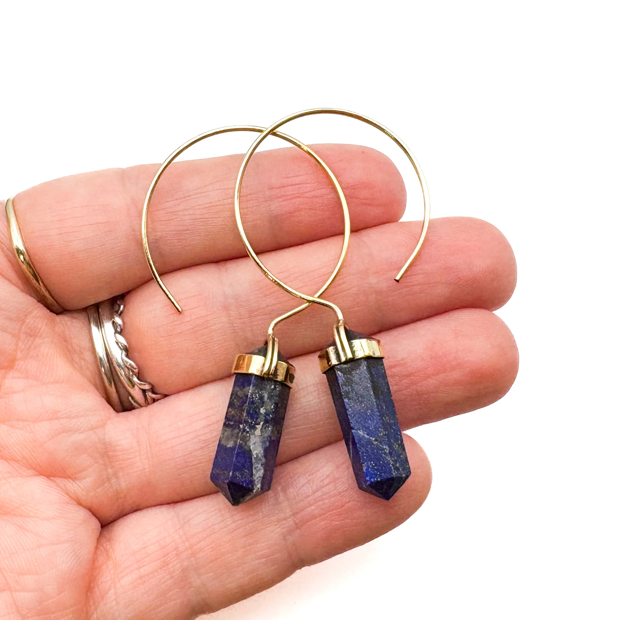 Lapis Lazuli Crystal Point Brass Hoop Earrings - Image 9