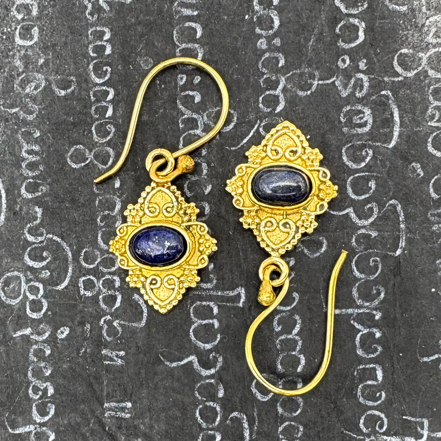 Lapis Lazuli Heart Shield Brass Earrings - Image 3