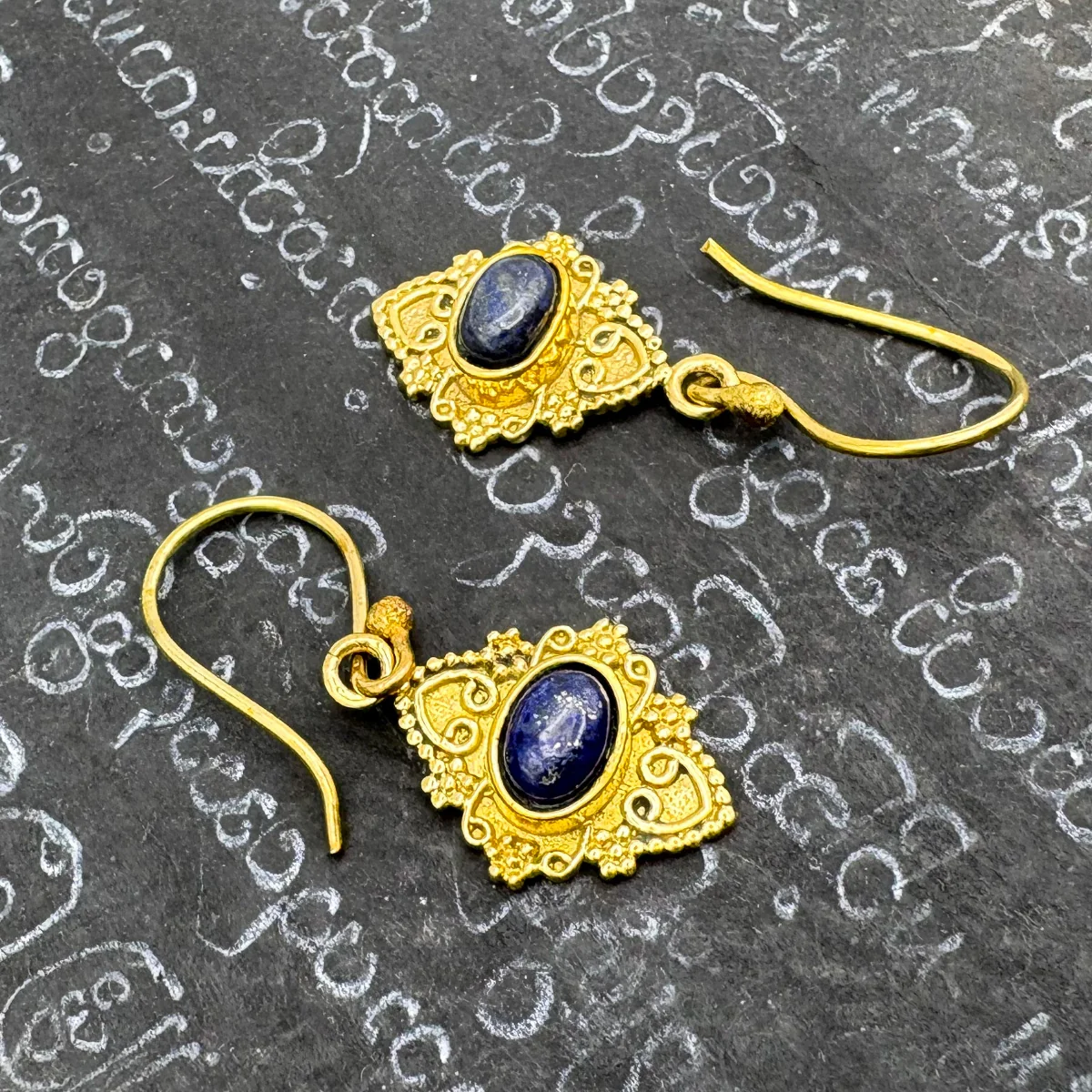 Lapis Lazuli Heart Shield Brass Earrings - Image 5