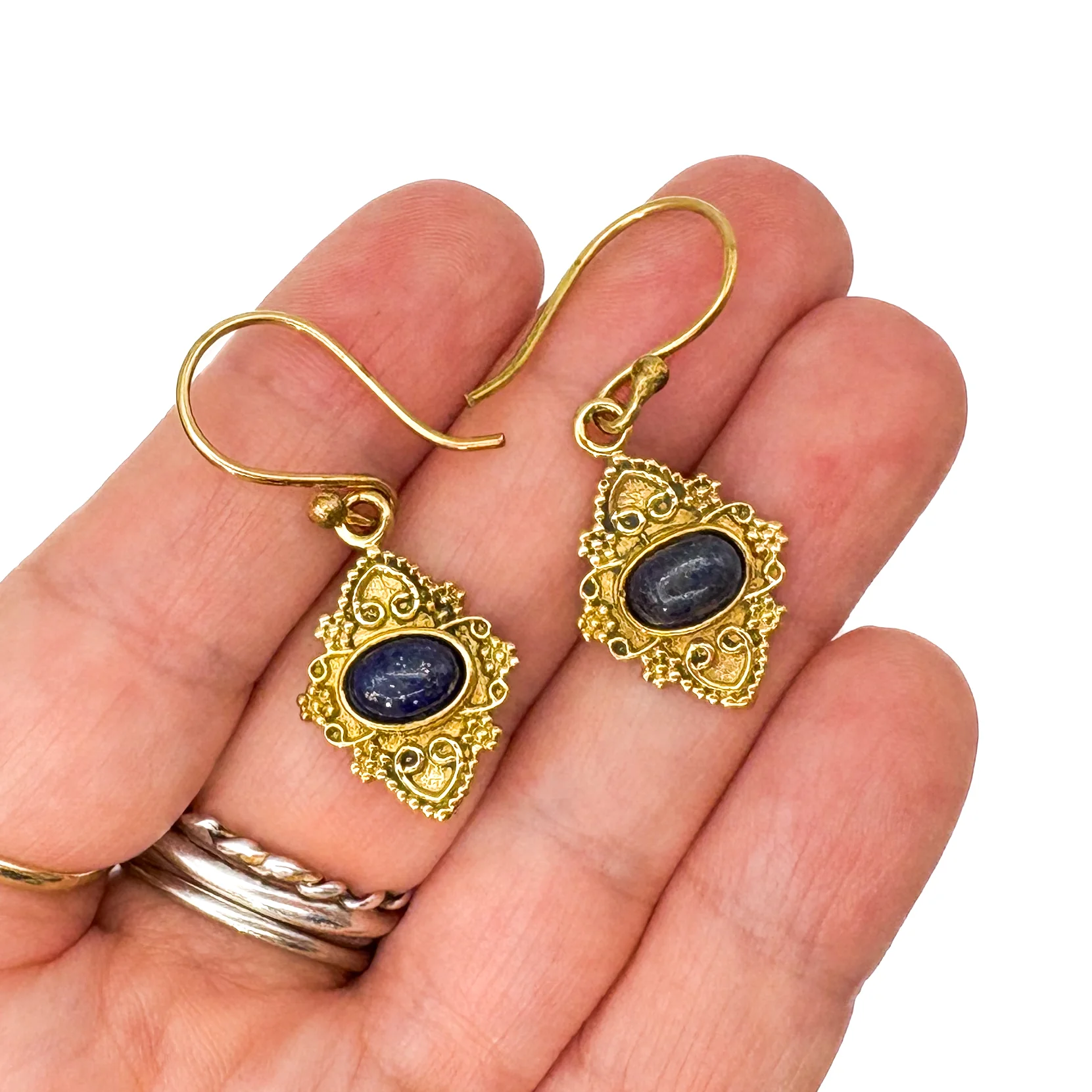 Lapis Lazuli Heart Shield Brass Earrings - Image 7