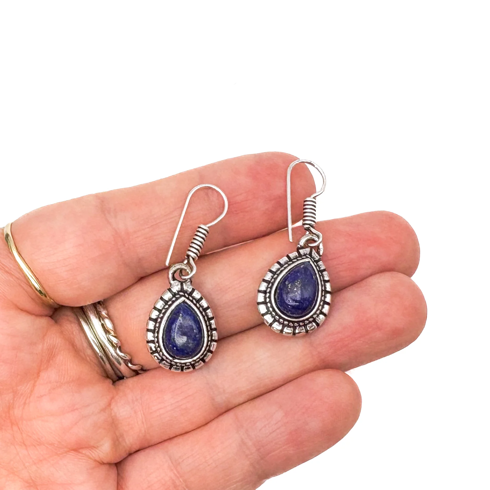 Lapis Lazuli Large Teardrop White Brass Earrings - Image 10