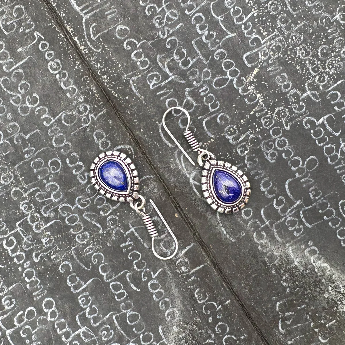Lapis Lazuli Large Teardrop White Brass Earrings - Image 3