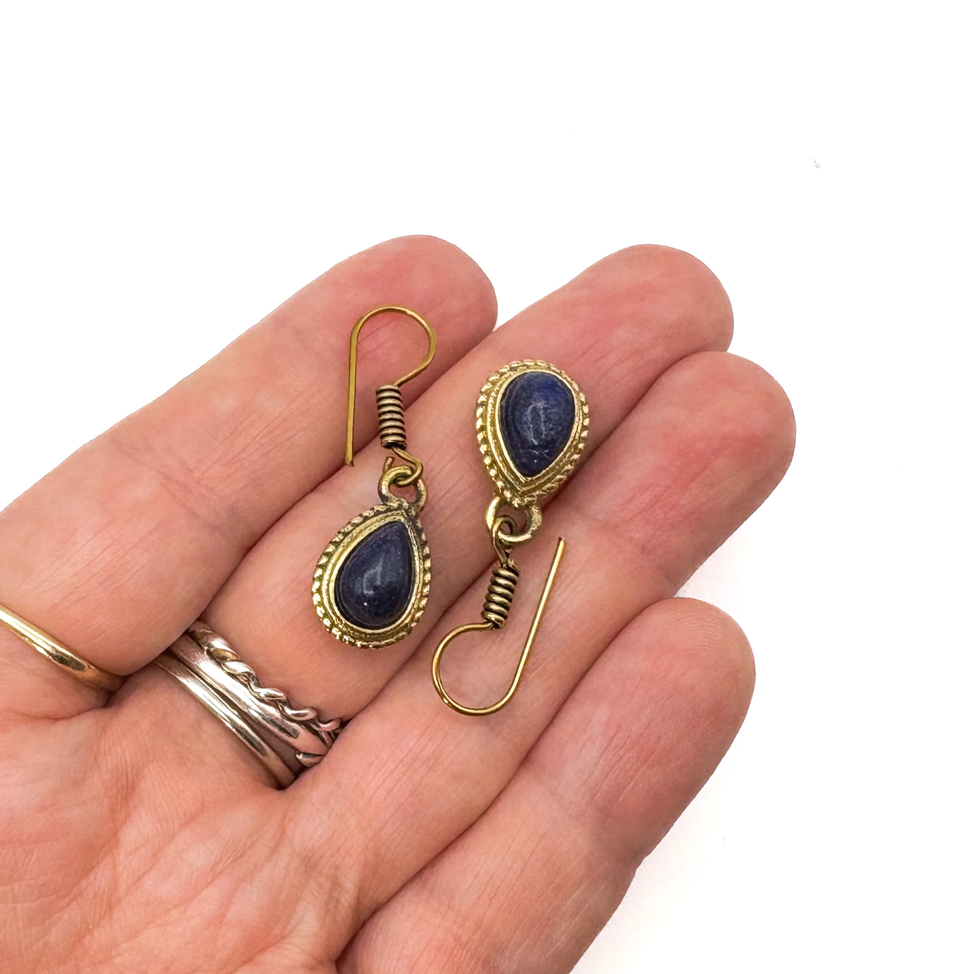 Lapis Lazuli Small Teardrop Brass Earrings - Image 11
