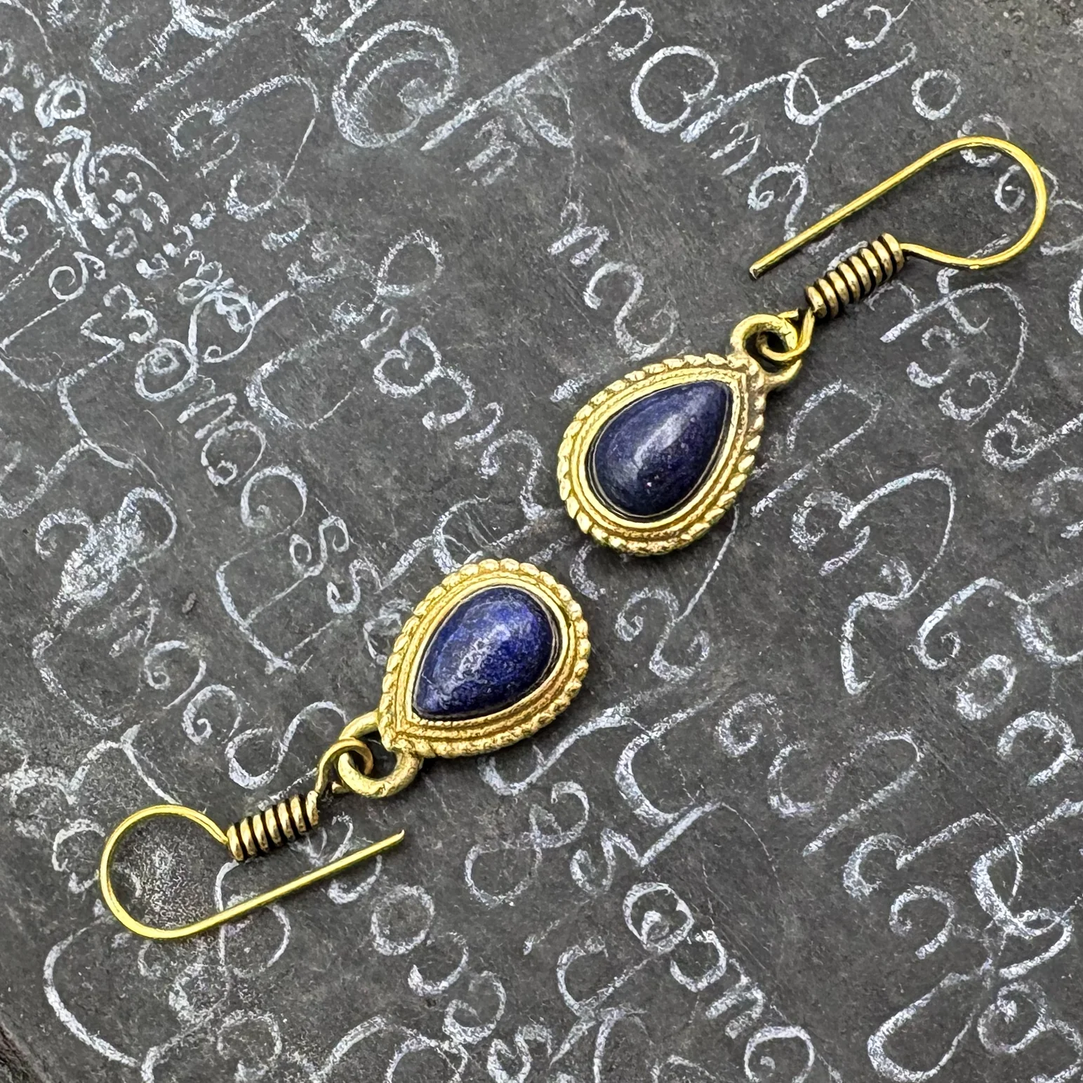 Lapis Lazuli Small Teardrop Brass Earrings - Image 3