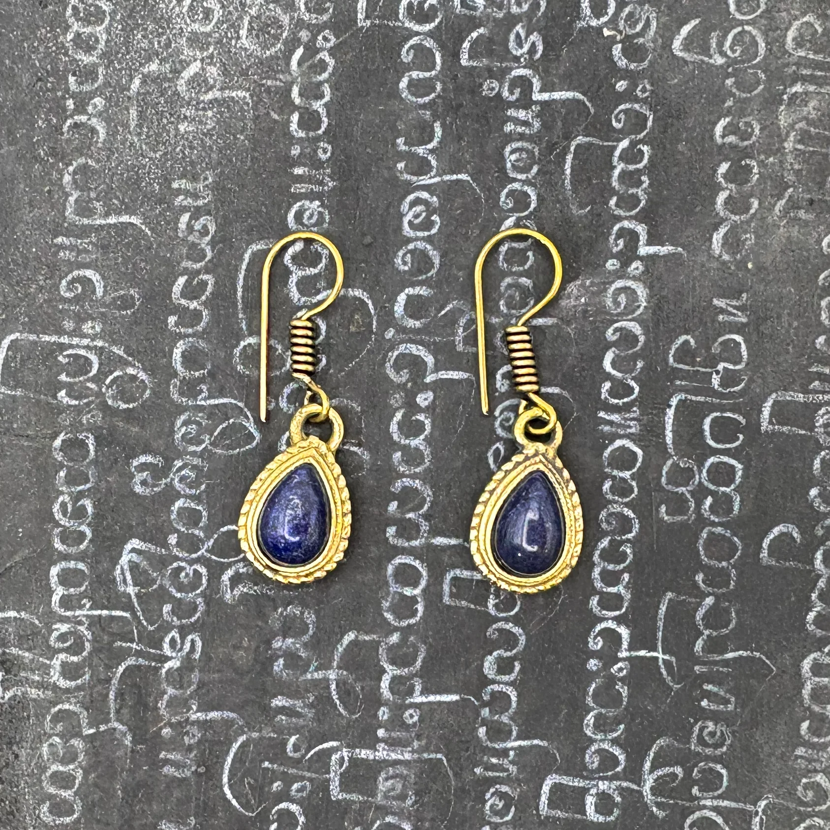 Lapis Lazuli Small Teardrop Brass Earrings - Image 5