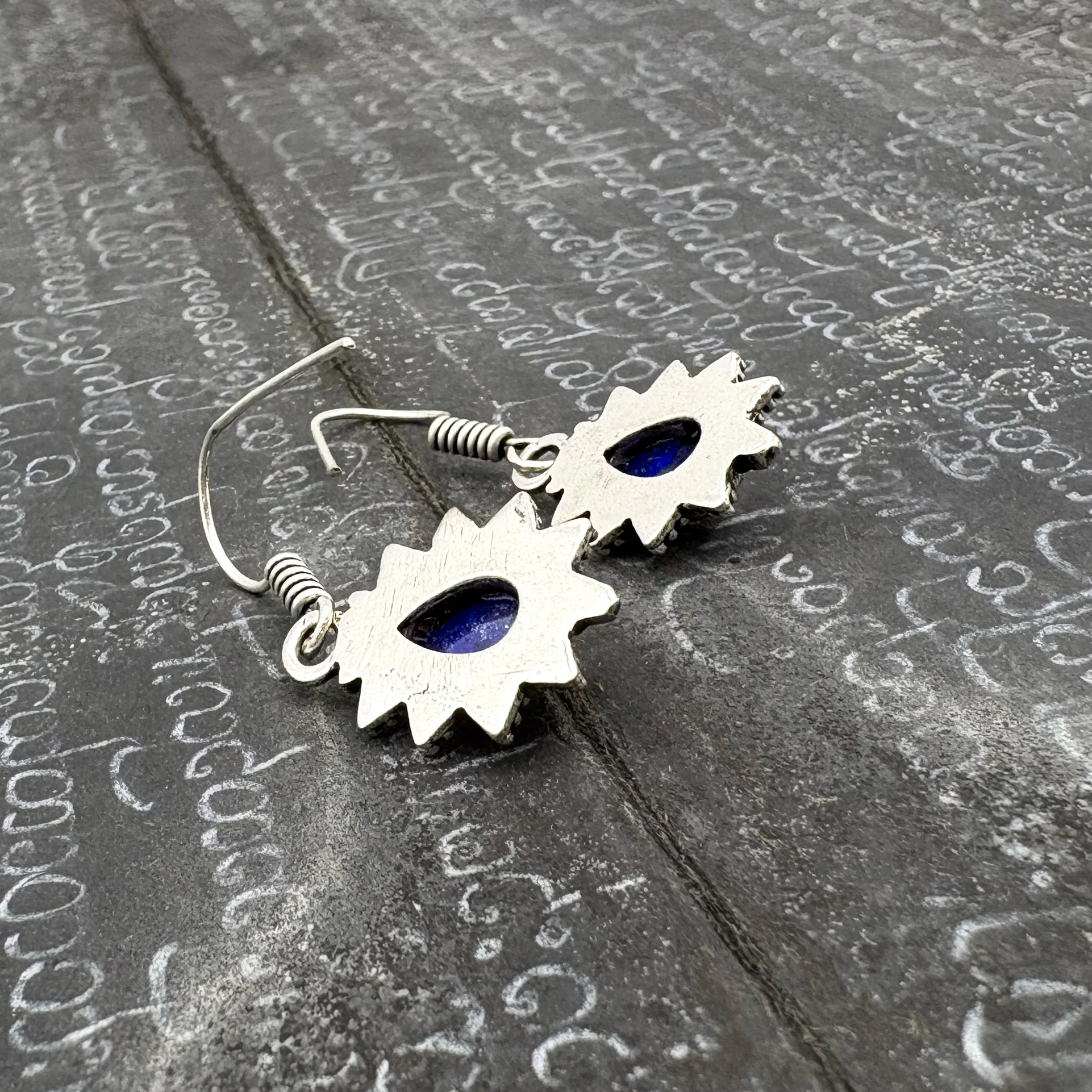 Lapis Lazuli Teardrop Dotted Rays White Brass Earrings - Image 11