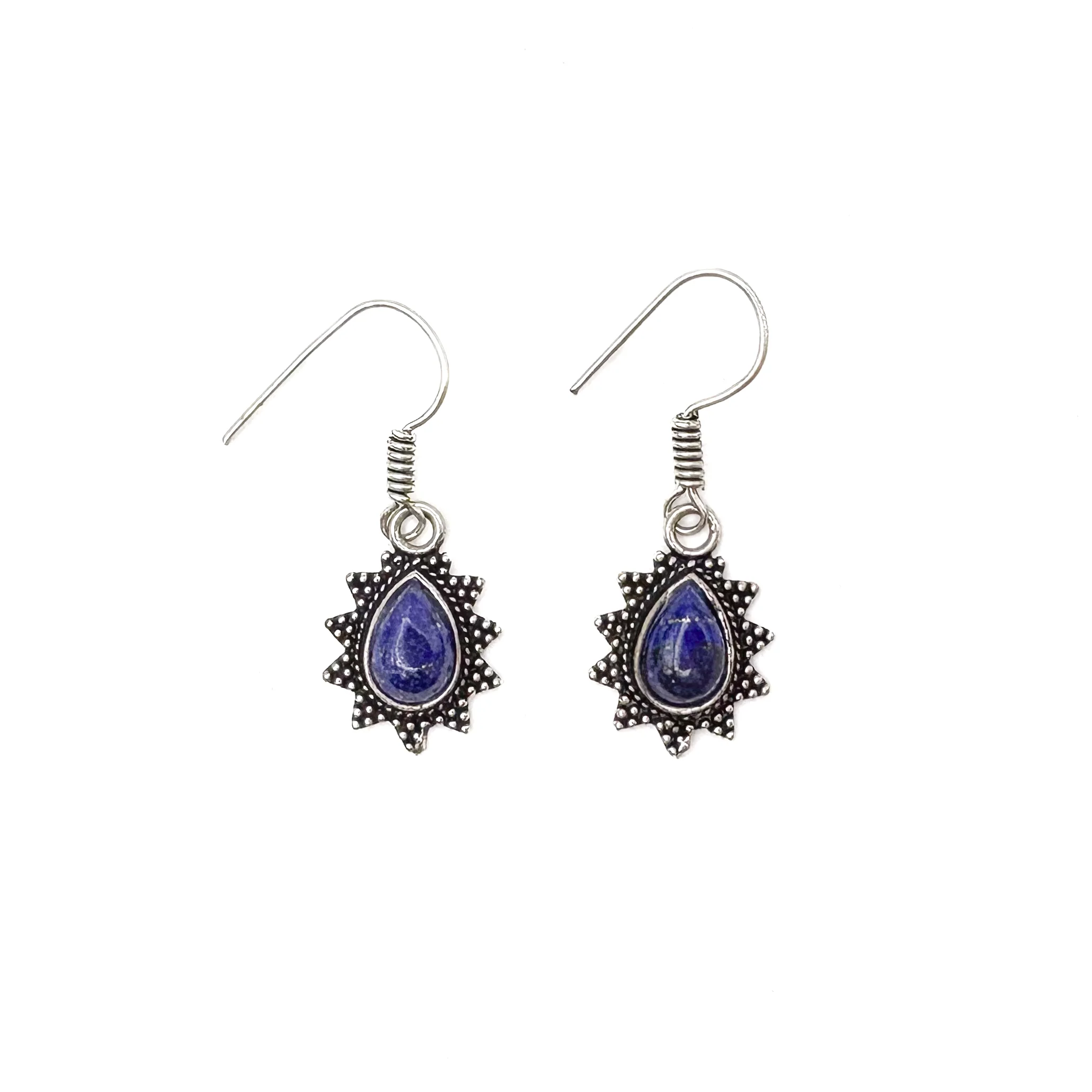 Lapis Lazuli Teardrop Dotted Rays White Brass Earrings - Image 2
