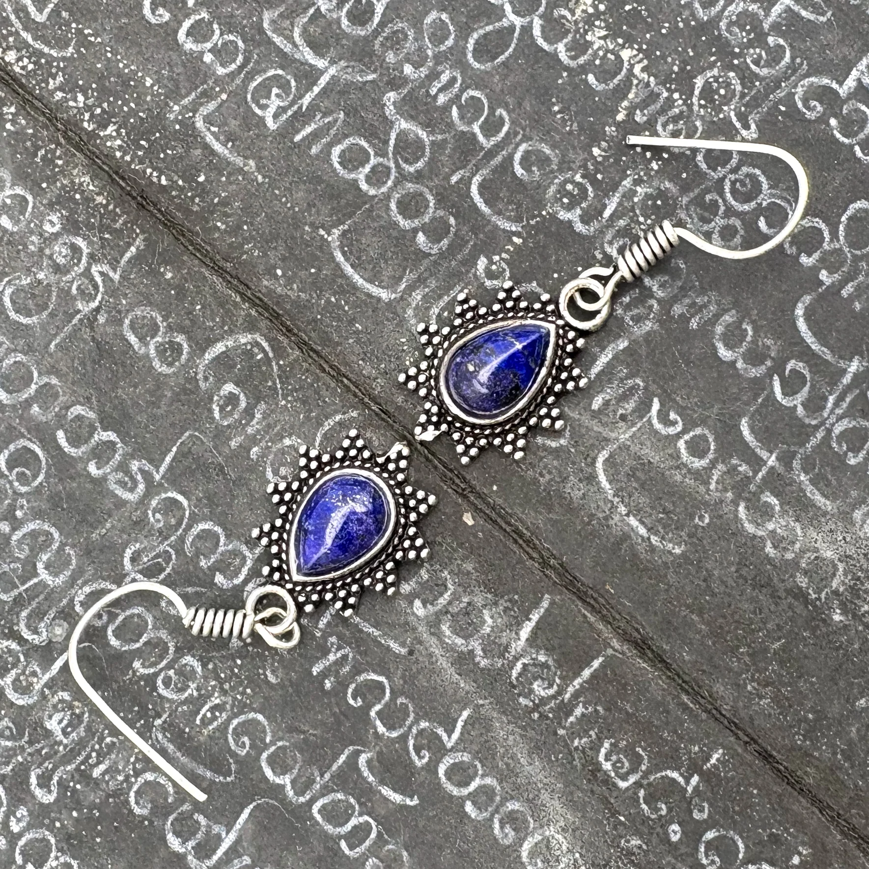 Lapis Lazuli Teardrop Dotted Rays White Brass Earrings - Image 3