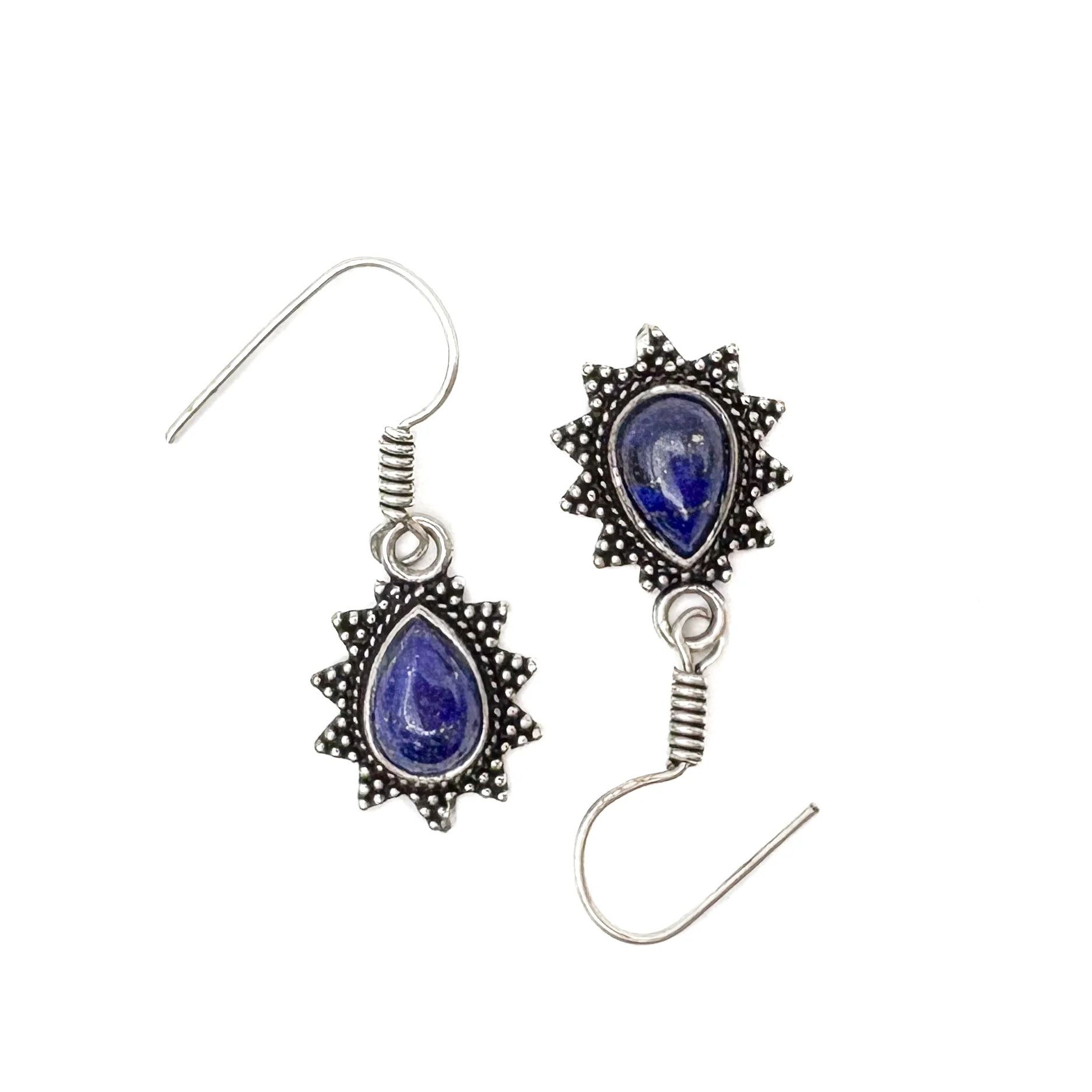Lapis Lazuli Teardrop Dotted Rays White Brass Earrings - Image 4