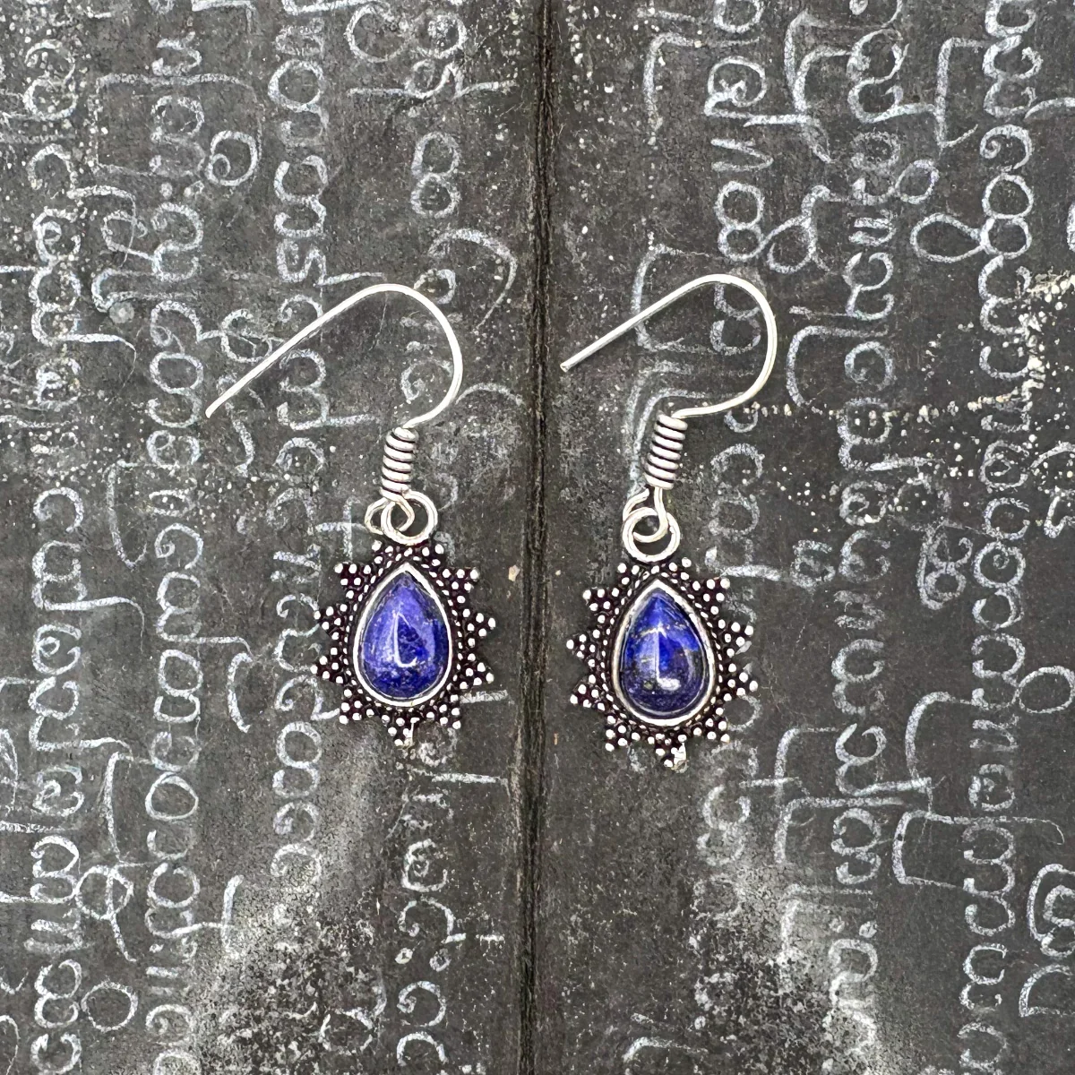 Lapis Lazuli Teardrop Dotted Rays White Brass Earrings - Image 5
