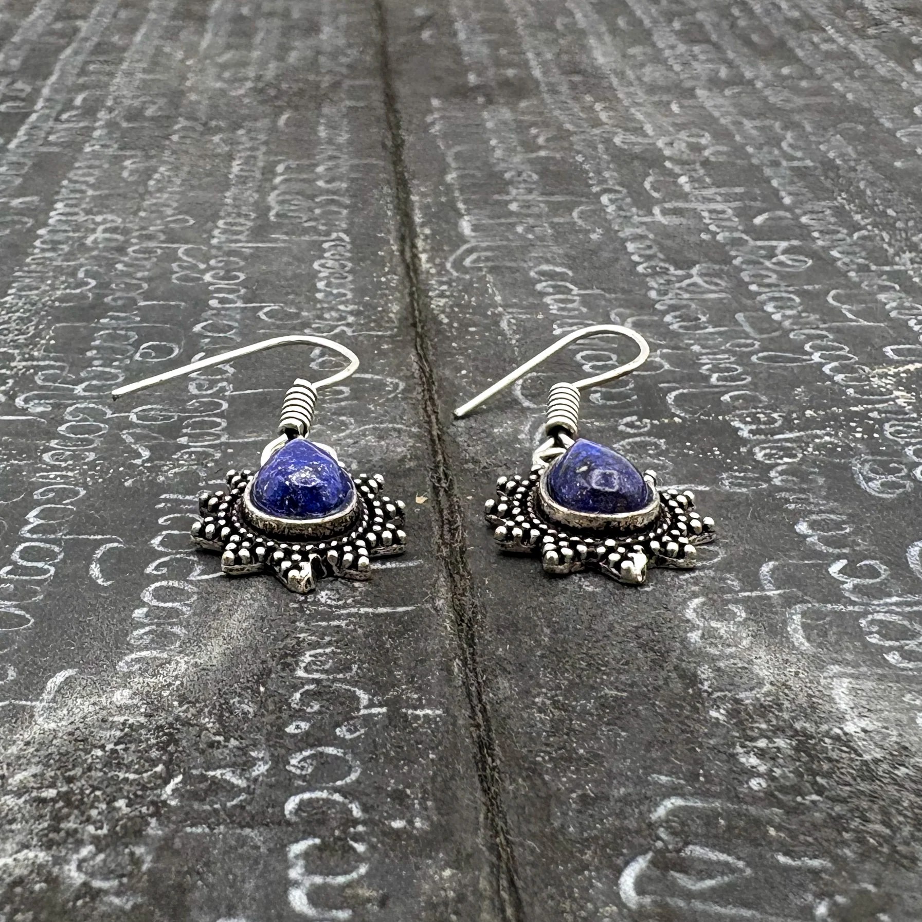 Lapis Lazuli Teardrop Dotted Rays White Brass Earrings - Image 7