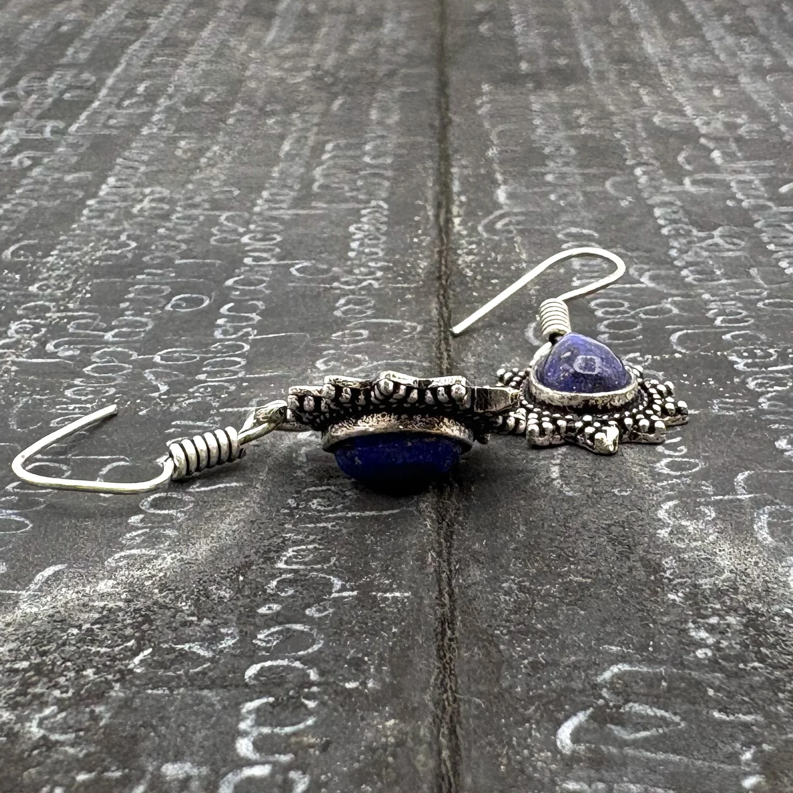 Lapis Lazuli Teardrop Dotted Rays White Brass Earrings - Image 9