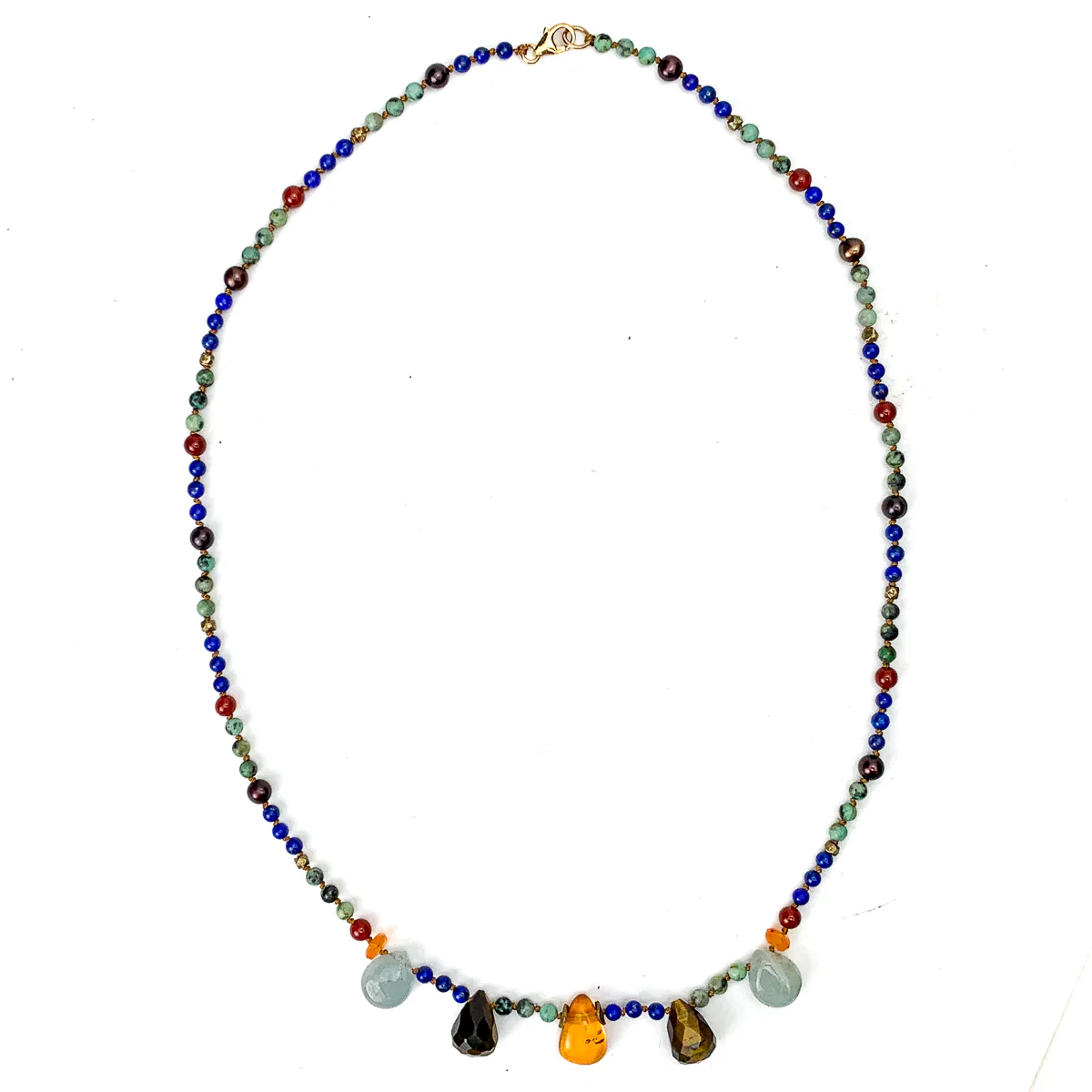 Lapis Lazuli, Turquoise, Amber, Tiger's Eye, Aquamarine, Carnelian, Freshwater Pearl, and Gold Vermeil Necklace - Image 2