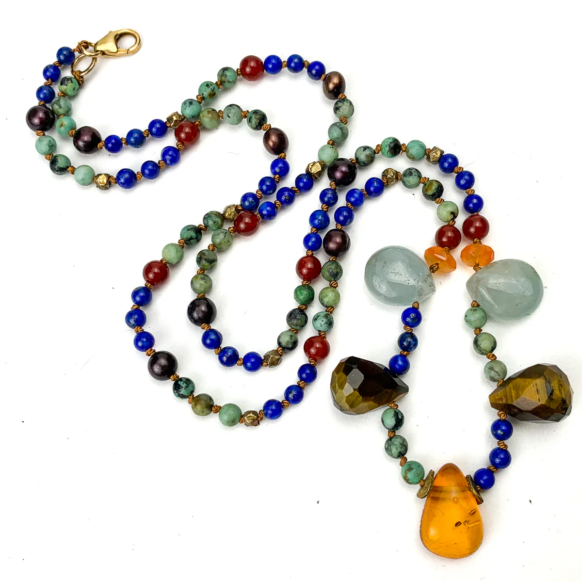 Lapis Lazuli, Turquoise, Amber, Tiger's Eye, Aquamarine, Carnelian, Freshwater Pearl, and Gold Vermeil Necklace - Image 3