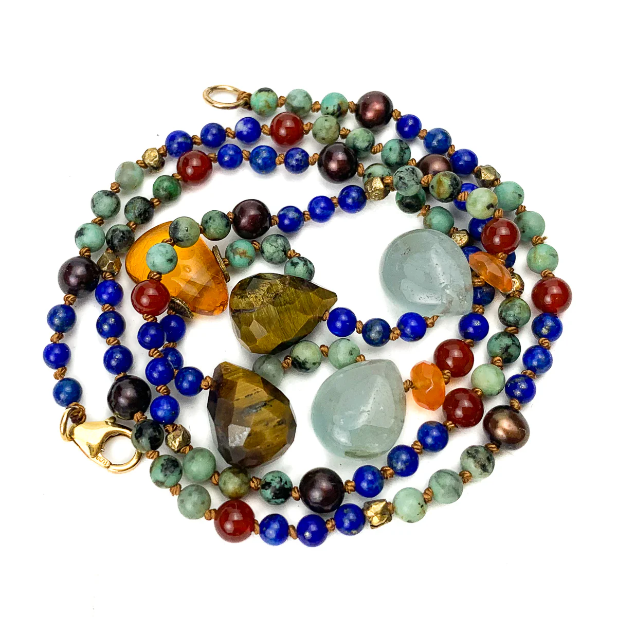 Lapis Lazuli, Turquoise, Amber, Tiger's Eye, Aquamarine, Carnelian, Freshwater Pearl, and Gold Vermeil Necklace - Image 4