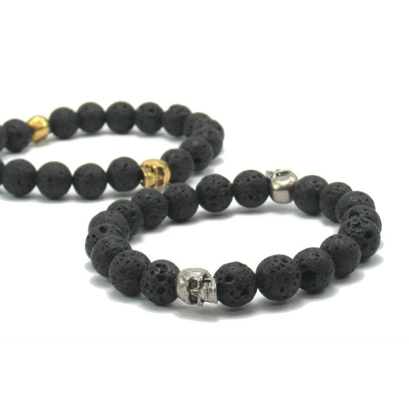 Lava Stone Stretch Bracelet with Metal Skull Beads - Image 2
