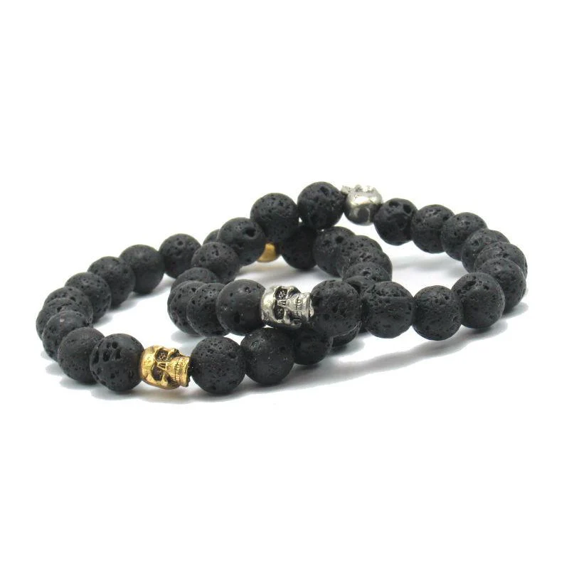 Lava Stone Stretch Bracelet with Metal Skull Beads - Image 3