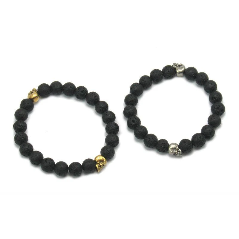 Lava Stone Stretch Bracelet with Metal Skull Beads - Image 4