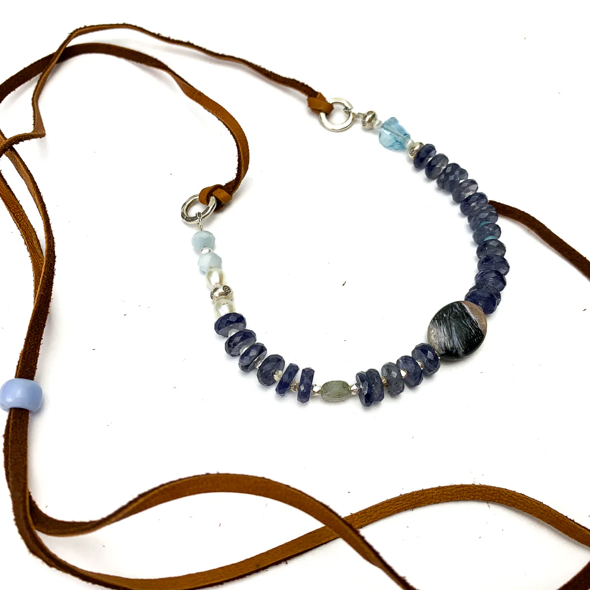 Iolite, Chaorite, Aquamarine, Larimar, Freshwater Pearl Leather Necklace #2 - Image 2
