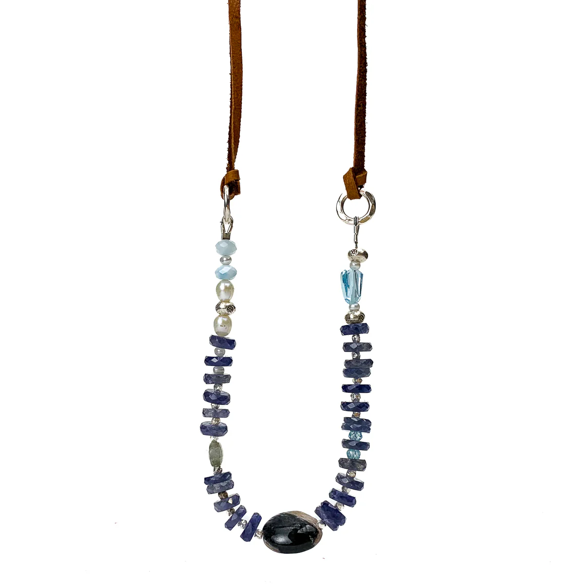 Iolite, Chaorite, Aquamarine, Larimar, Freshwater Pearl Leather Necklace #2 - Image 3