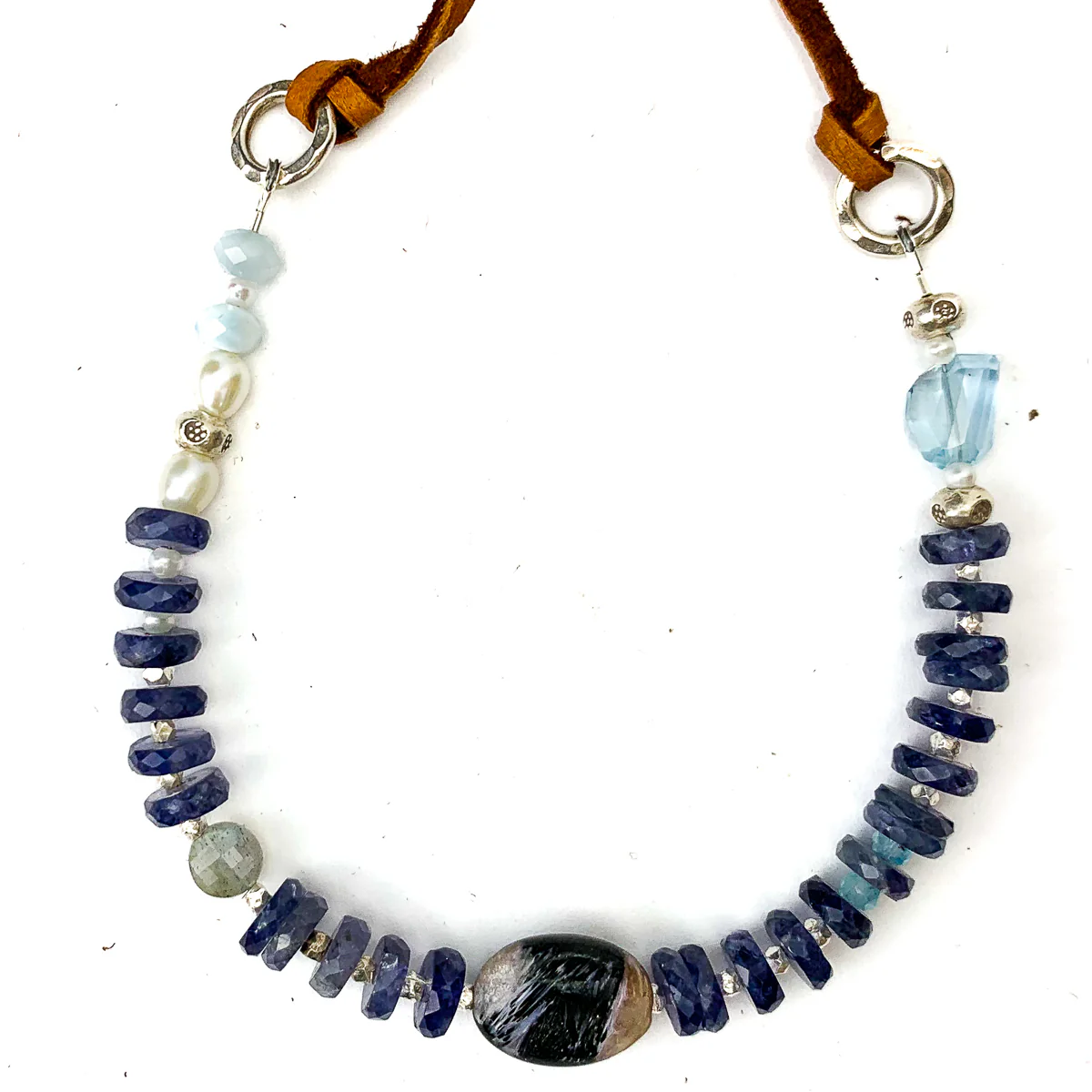 Iolite, Chaorite, Aquamarine, Larimar, Freshwater Pearl Leather Necklace #2 - Image 4