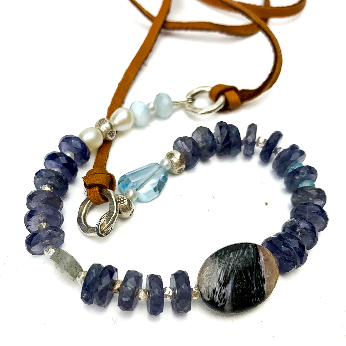 Iolite, Chaorite, Aquamarine, Larimar, Freshwater Pearl Leather Necklace #2 - Image 5