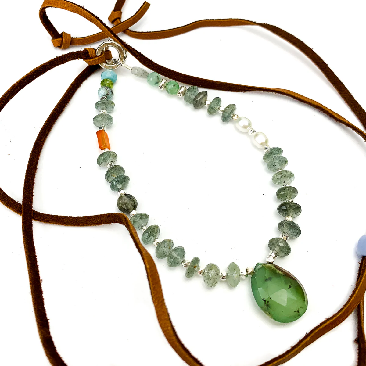 Chrysoprase, Moss Aquamarine, Freshwater Pearls, Labradorite, Larimar, Carnelian Necklace #6 - Image 2