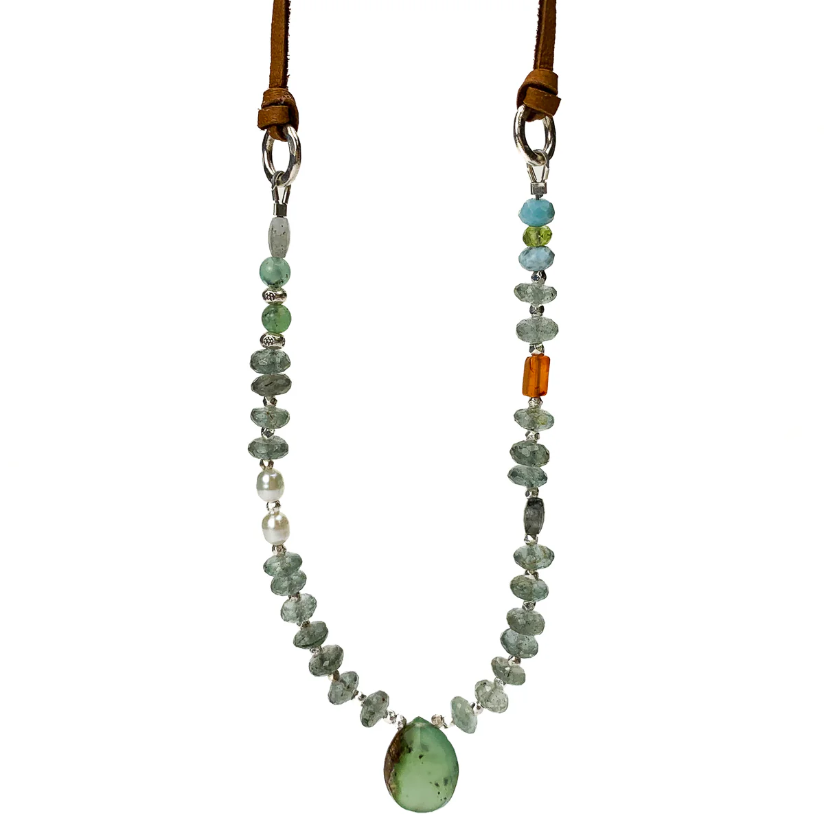 Chrysoprase, Moss Aquamarine, Freshwater Pearls, Labradorite, Larimar, Carnelian Necklace #6 - Image 3