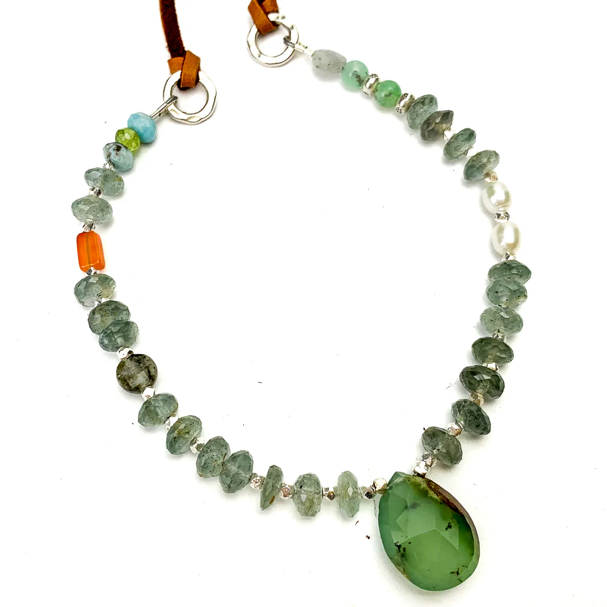 Chrysoprase, Moss Aquamarine, Freshwater Pearls, Labradorite, Larimar, Carnelian Necklace #6 - Image 4