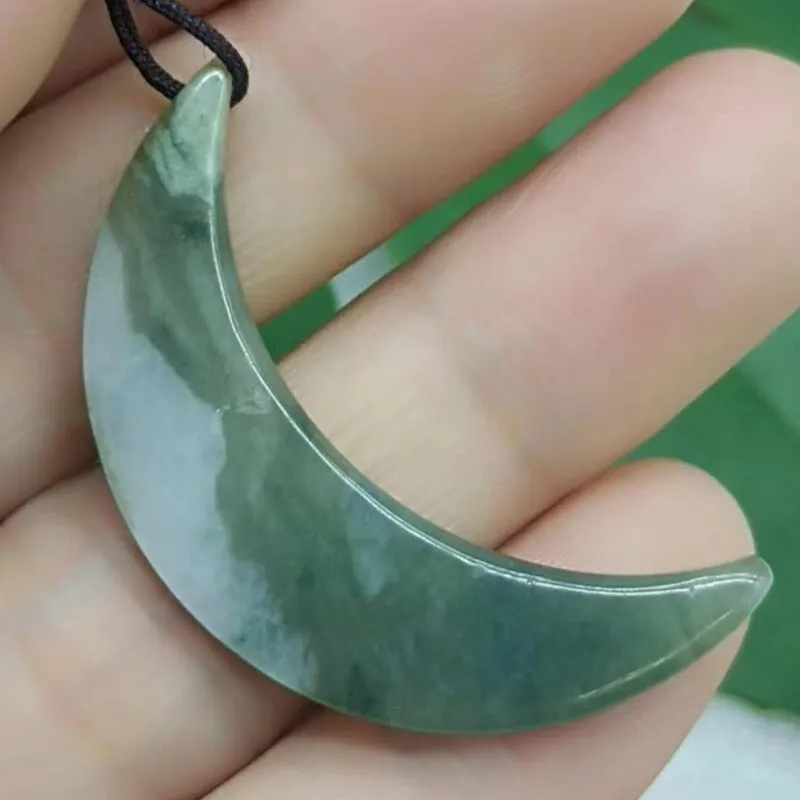 Light Green Oil Green Natural Certified A Jade Jadeite Chinoiserie Crescent Moon Pendant - Image 2
