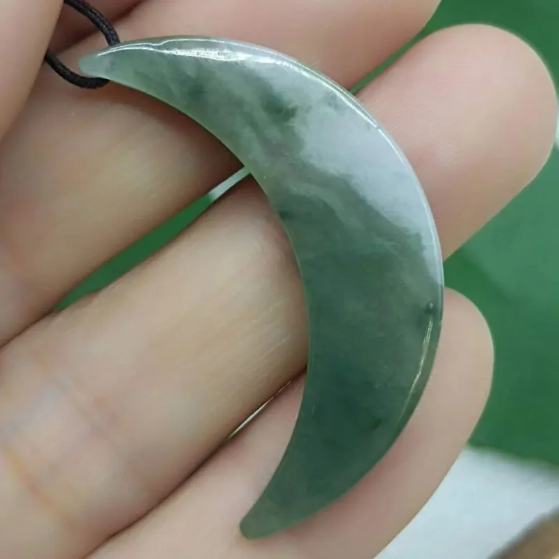 Light Green Oil Green Natural Certified A Jade Jadeite Chinoiserie Crescent Moon Pendant - Image 3