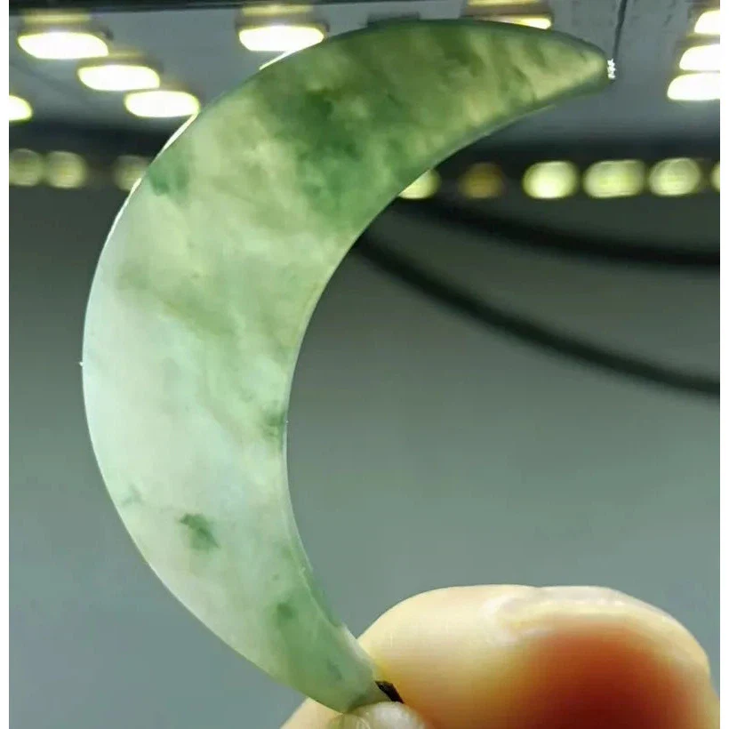 Light Green Oil Green Natural Certified A Jade Jadeite Chinoiserie Crescent Moon Pendant - Image 4
