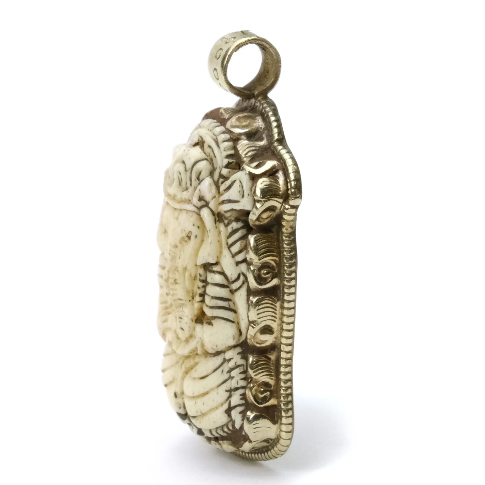 Lord Ganesha Remover of Life's Obstacles Bone Pendant Set in White Brass Framed - Image 2