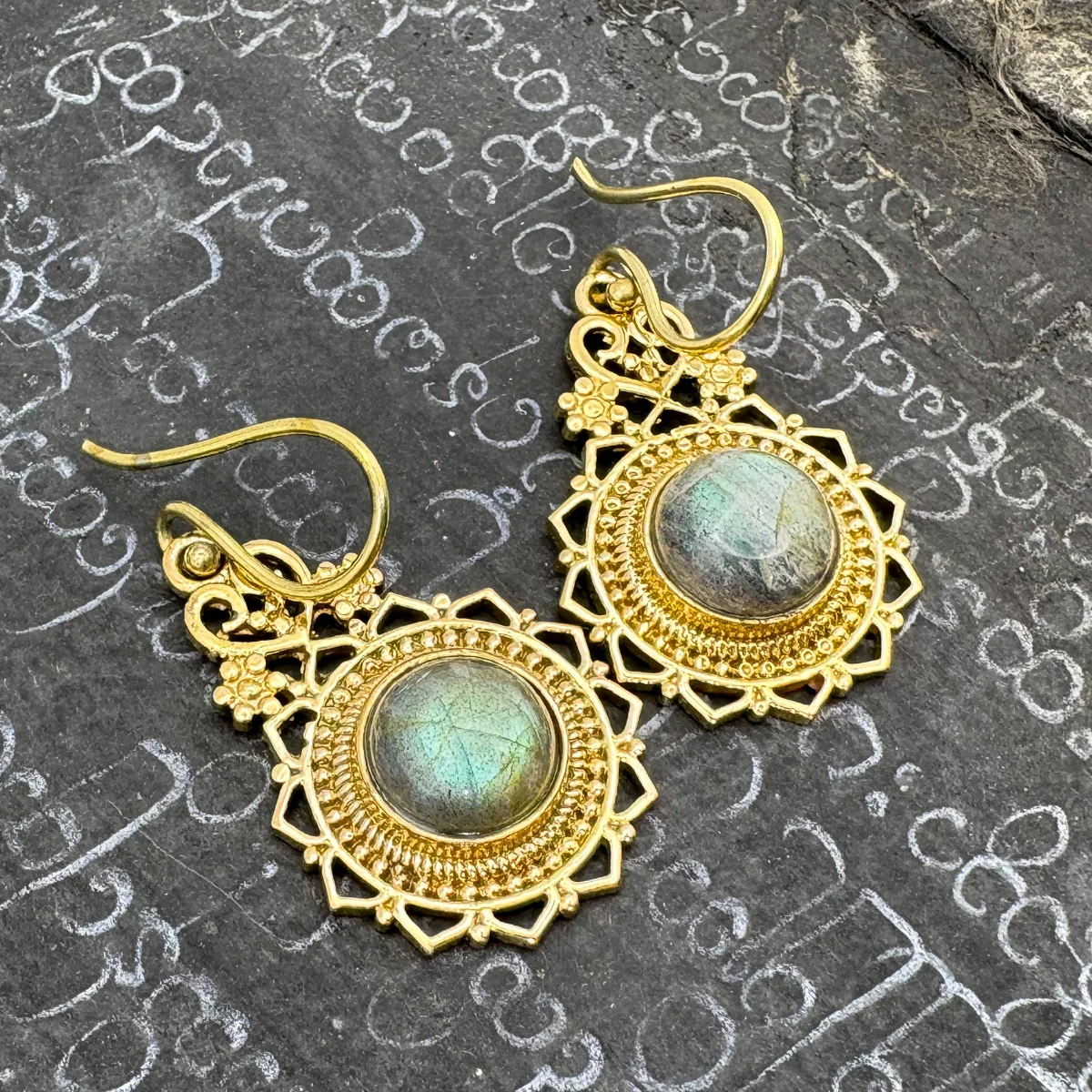Lotus Heart Labradorite Brass Earrings - Image 3