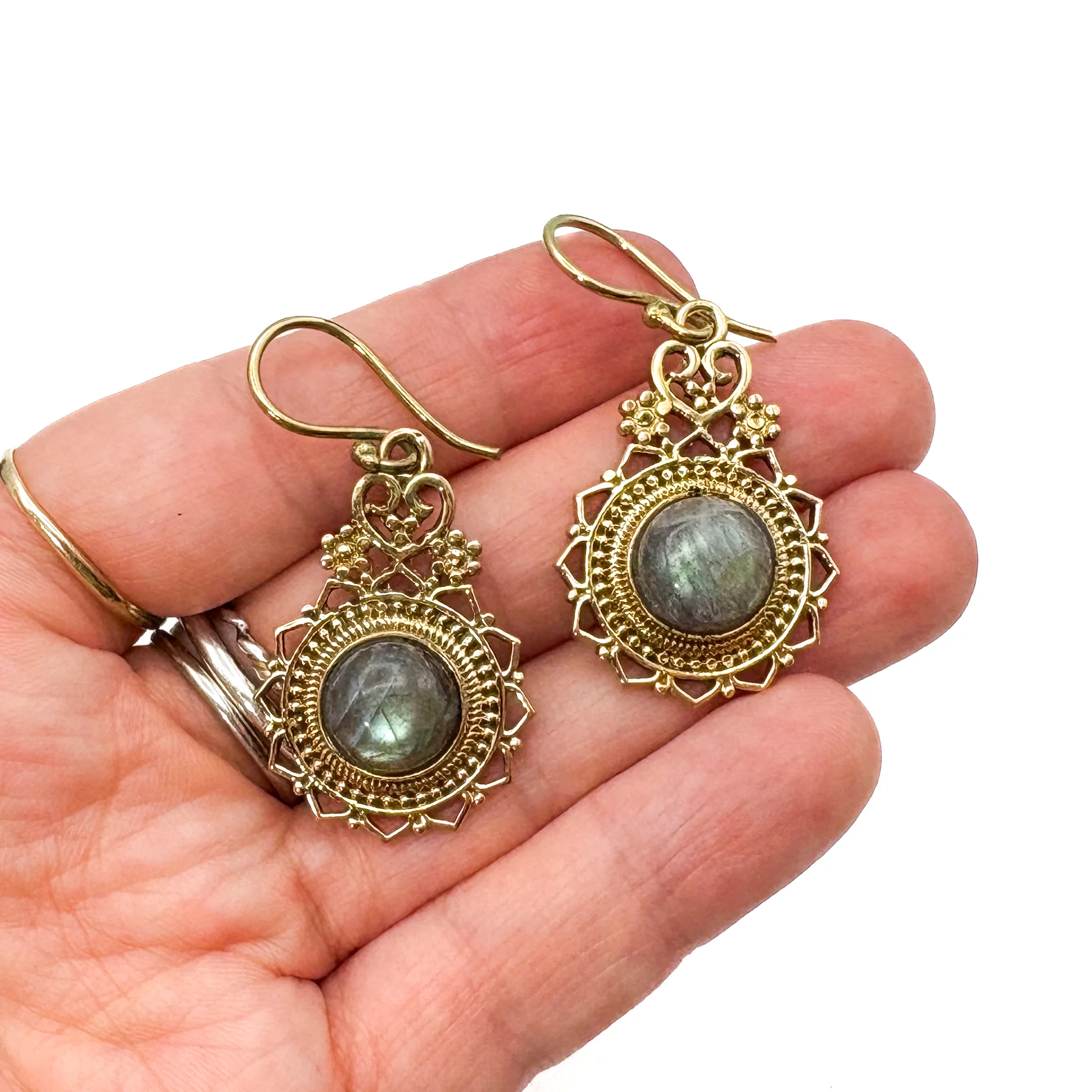 Lotus Heart Labradorite Brass Earrings - Image 5