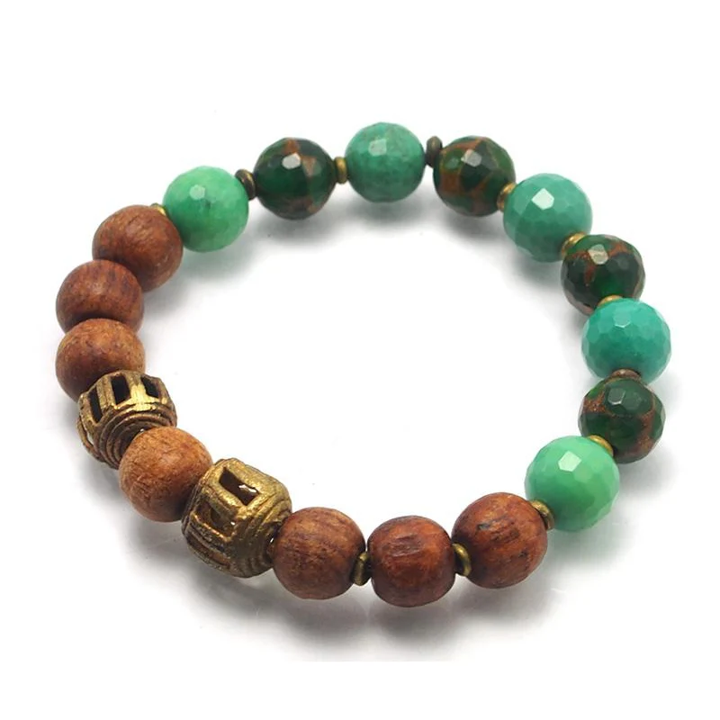 Mangowood, Chrysoprase and Mosaic Quartz Beads Elastic Bracelet with Brass Accents - Image 2