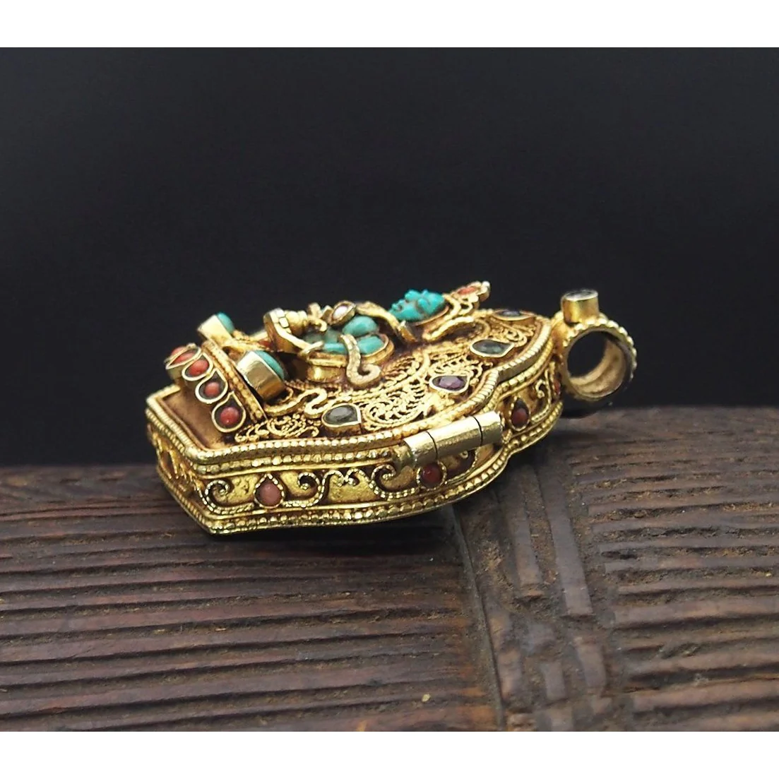 Manjushri and Buddha Amitayus Gold Plated Sterling Silver Gao Shrine Box Pendant - Image 6