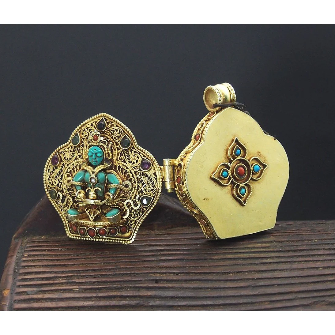 Manjushri and Buddha Amitayus Gold Plated Sterling Silver Gao Shrine Box Pendant - Image 7