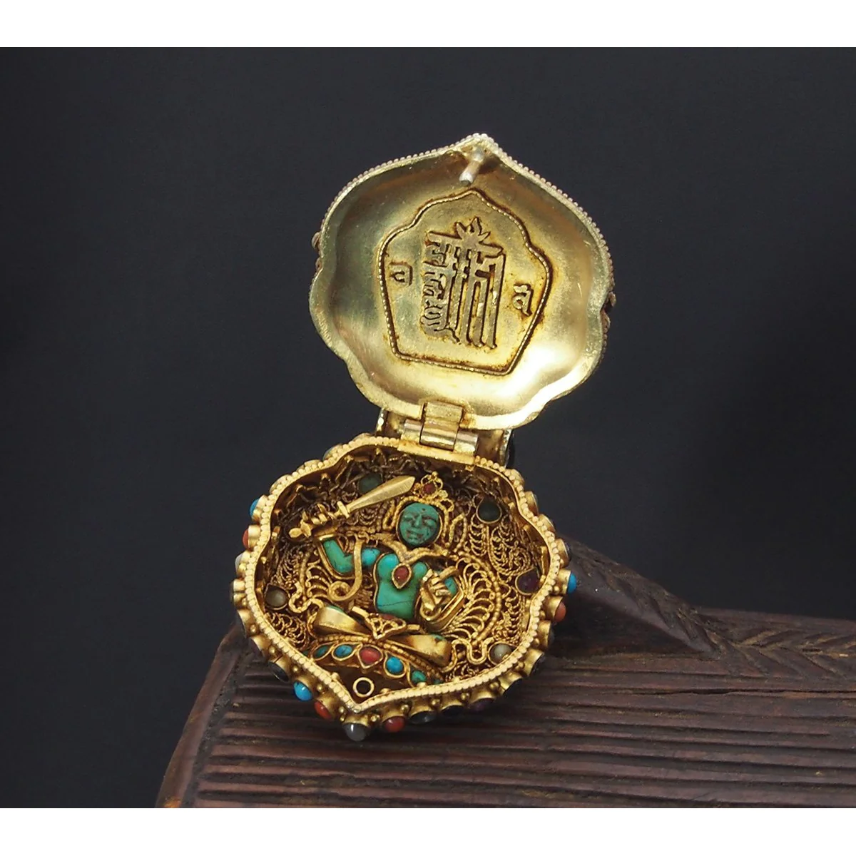 Manjushri and Yamantaka Gold Plated Sterling Silver Gao Shrine Box Pendant - Image 2