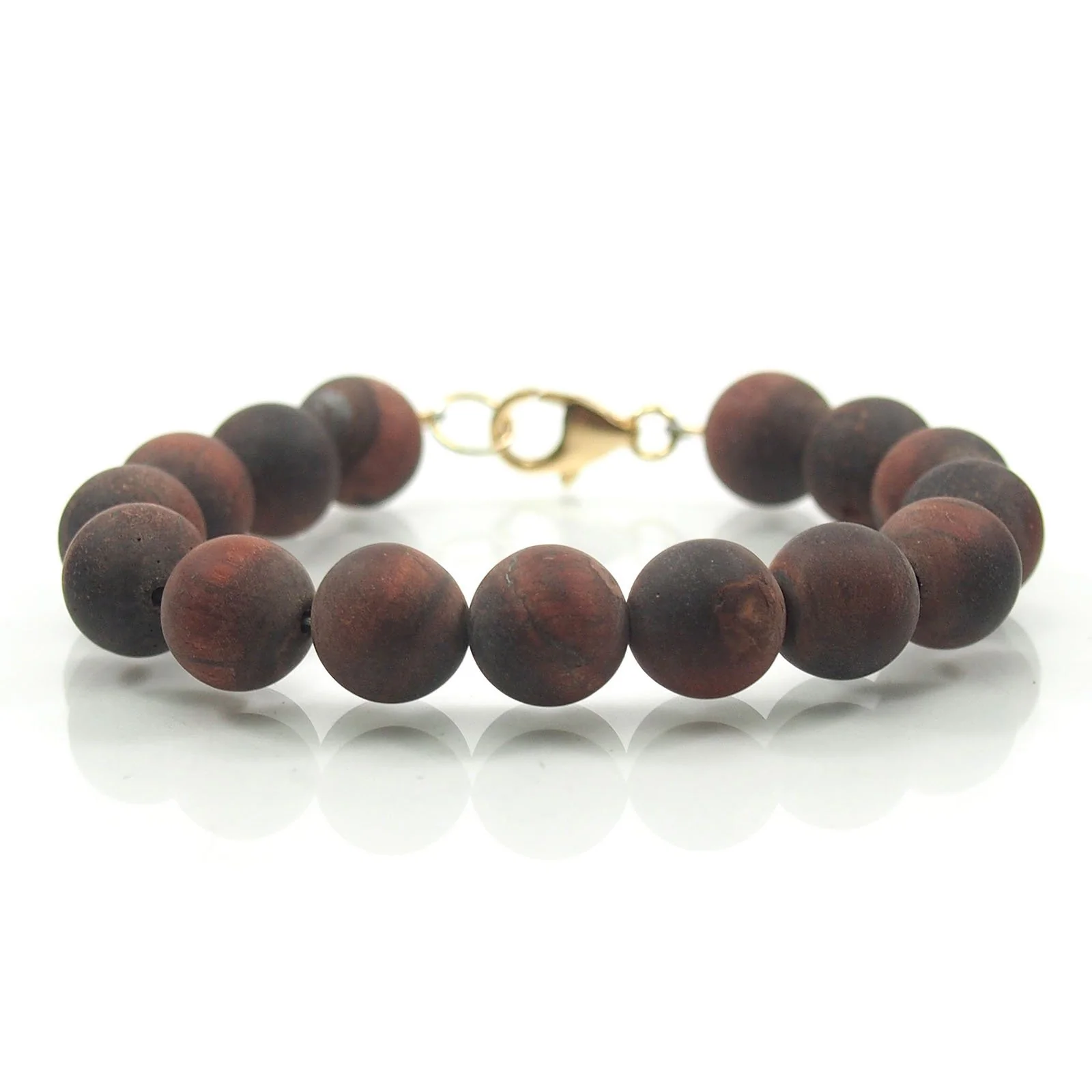 Matte Red Tiger's Eye 10mm Smooth Round Bracelet with Gold Filled Trigger Clasp - Image 2