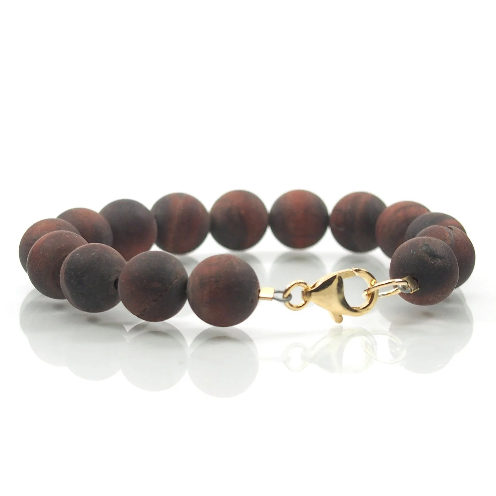 Matte Red Tiger's Eye 10mm Smooth Round Bracelet with Gold Filled Trigger Clasp - Image 3